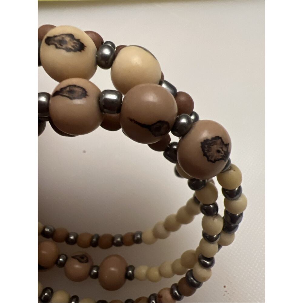 Boho Multi Wrap Memory Wire bracelet Natural Açaí Seed And Wood Beads, Artesian
